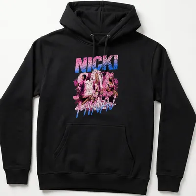 Pop art design featuring Nicki Minaj in vibrant pink, blue, white, and black colors. — printed on a unisex hoodie