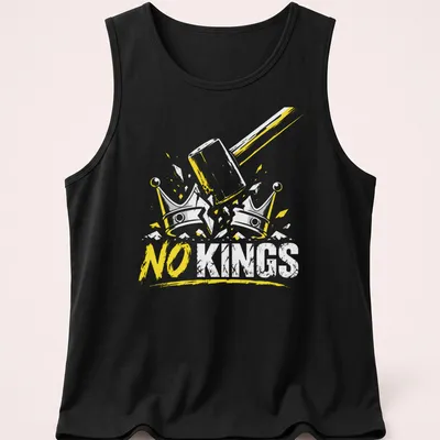 Grunge distressed t-shirt featuring a hammer and crowns with anti-authoritarian text — printed on a tank top