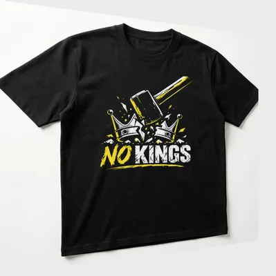 Grunge distressed t-shirt featuring a hammer and crowns with anti-authoritarian text — printed on a unisex t-shirt (angled view)