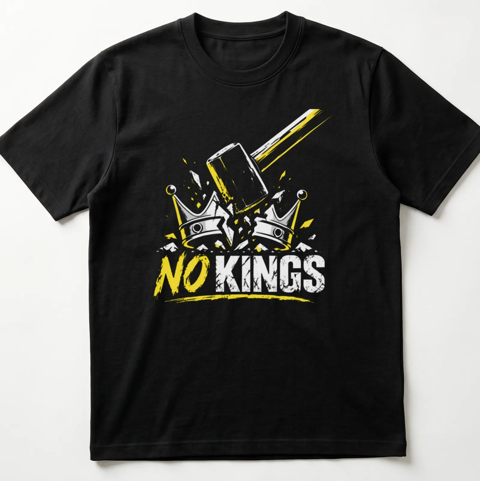 Grunge distressed t-shirt featuring a hammer and crowns with anti-authoritarian text — printed on a unisex t-shirt
