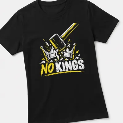 Grunge distressed t-shirt featuring a hammer and crowns with anti-authoritarian text — printed on a women's shirt