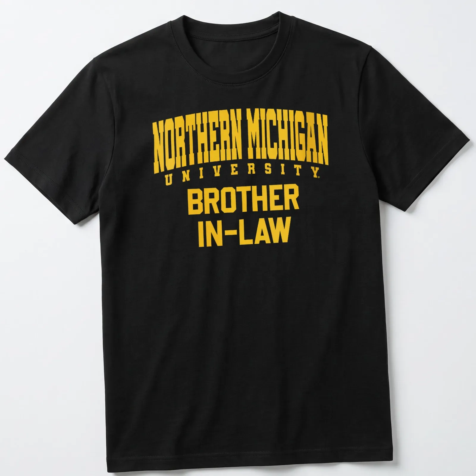 Bold typography Northern Michigan University Brother In-Law t-shirt in yellow — printed on a unisex t-shirt