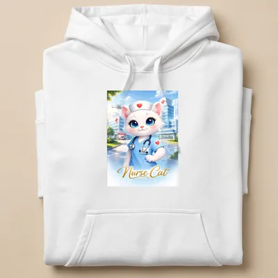 Cute cartoon of a nurse cat in scrubs with the text Nurse Cat — printed on a unisex hoodie