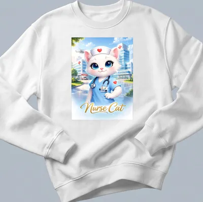 Cute cartoon of a nurse cat in scrubs with the text Nurse Cat — printed on a unisex sweatshirt