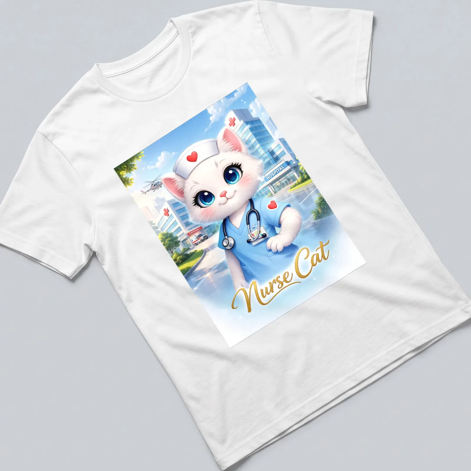 Cute cartoon of a nurse cat in scrubs with the text Nurse Cat — printed on a unisex t-shirt