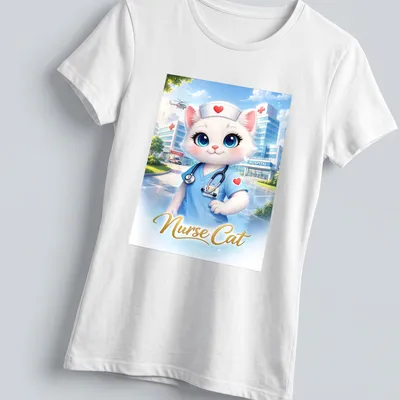 Cute cartoon of a nurse cat in scrubs with the text Nurse Cat — printed on a women's shirt