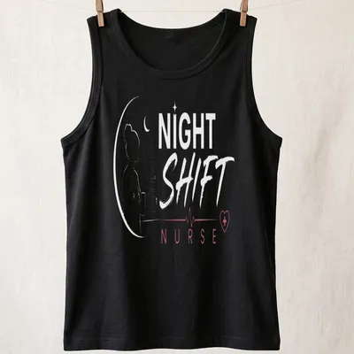 Minimalist line-art Nurse Night Shift shirt with black, red, and white colors — printed on a tank top