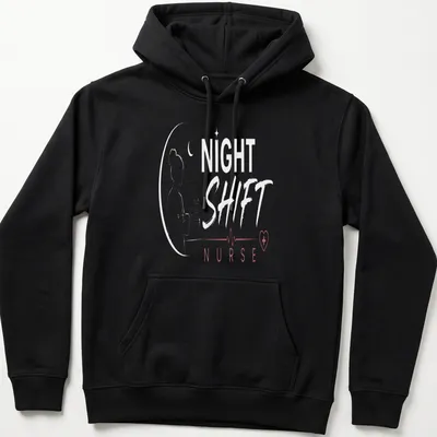 Minimalist line-art Nurse Night Shift shirt with black, red, and white colors — printed on a unisex hoodie