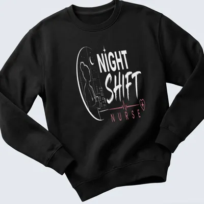 Minimalist line-art Nurse Night Shift shirt with black, red, and white colors — printed on a unisex sweatshirt