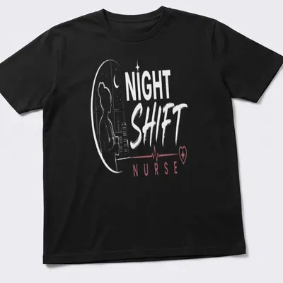 Minimalist line-art Nurse Night Shift shirt with black, red, and white colors