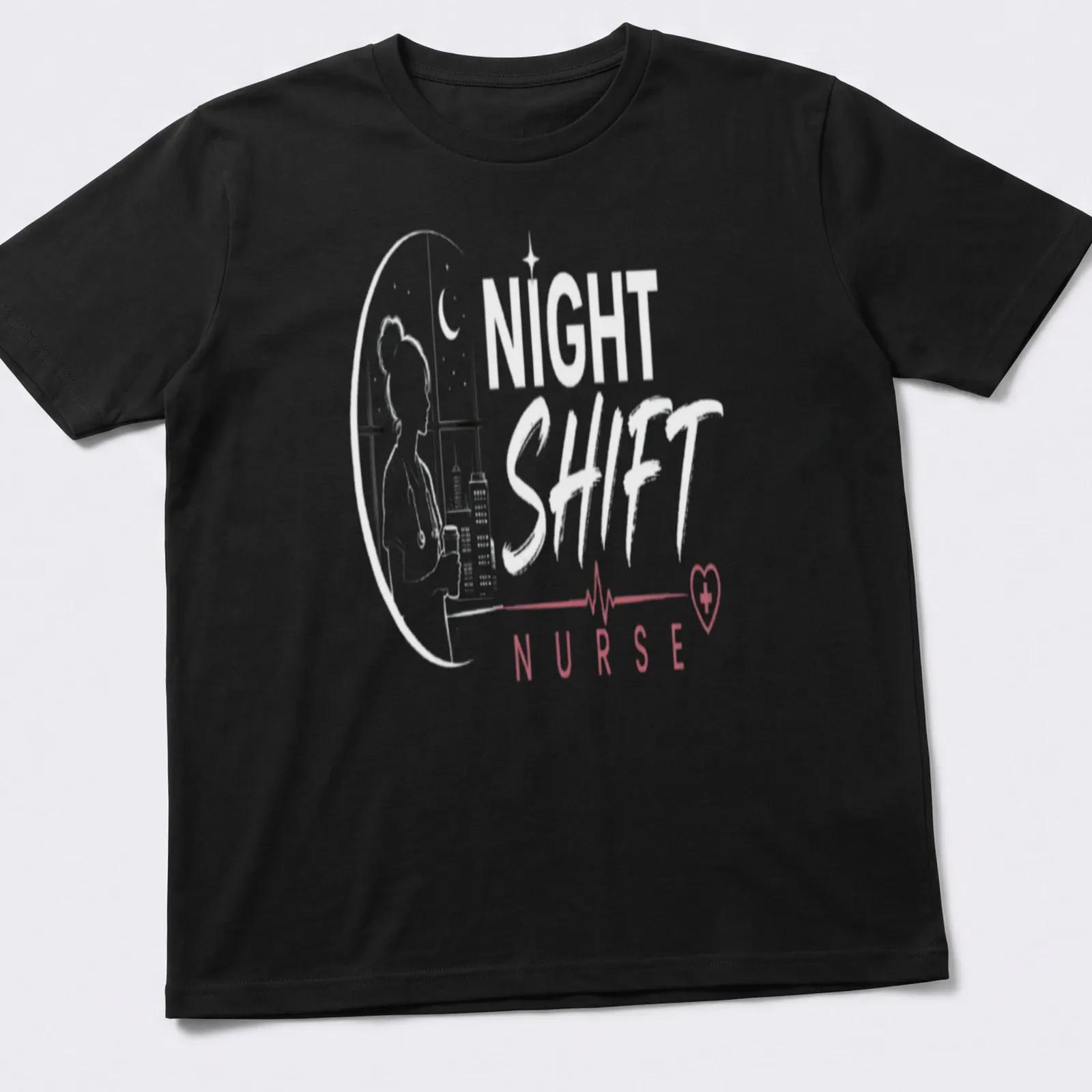 Minimalist line-art Nurse Night Shift shirt with black, red, and white colors — printed on a unisex t-shirt