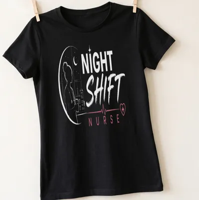 Minimalist line-art Nurse Night Shift shirt with black, red, and white colors — printed on a women's shirt