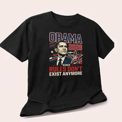 Vintage political T-shirt with humorous Obama graphic and text. — printed on a unisex t-shirt (angled view)