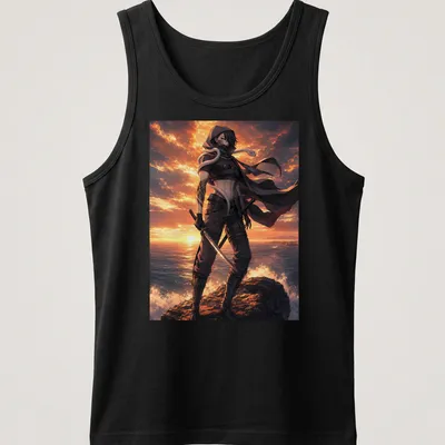 Anime-style graphic of Obanai Iguro against a sunset background — printed on a tank top
