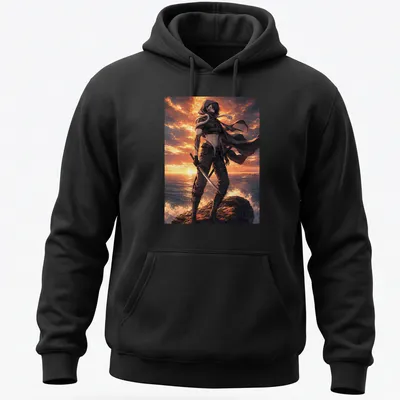 Anime-style graphic of Obanai Iguro against a sunset background — printed on a unisex hoodie