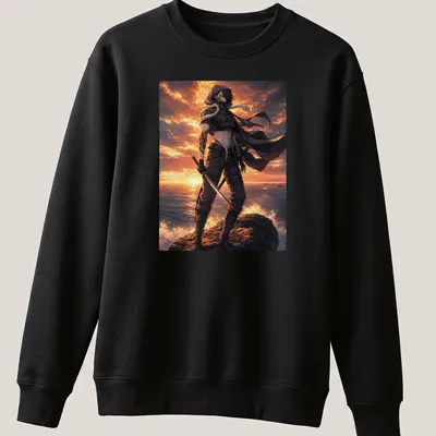 Anime-style graphic of Obanai Iguro against a sunset background — printed on a unisex sweatshirt