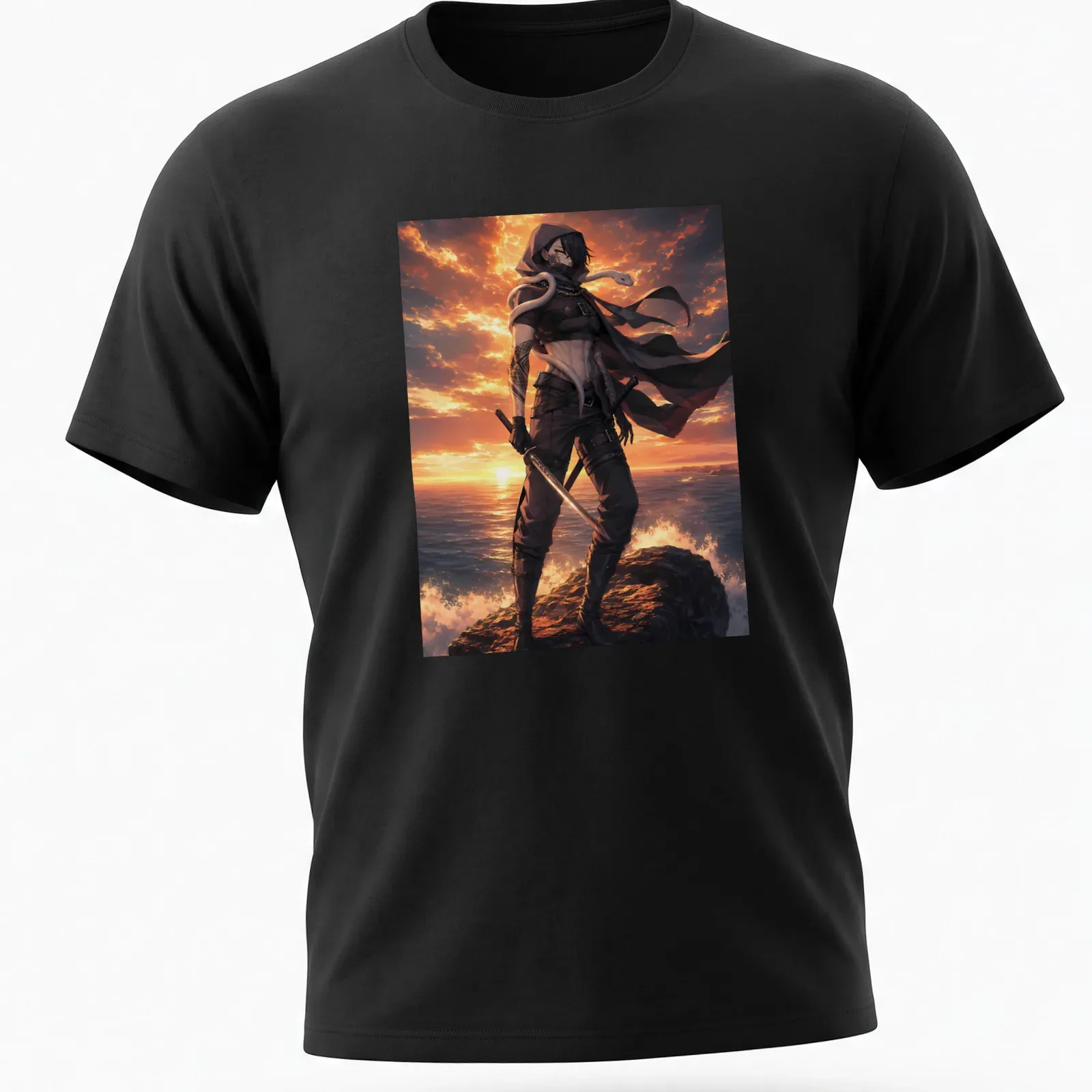 Anime-style graphic of Obanai Iguro against a sunset background — printed on a unisex t-shirt