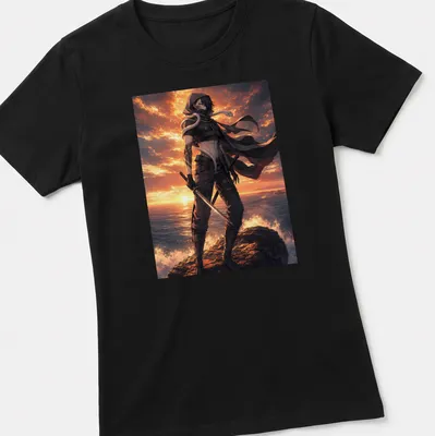 Anime-style graphic of Obanai Iguro against a sunset background — printed on a women's shirt