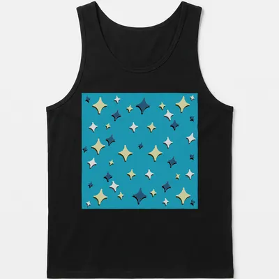 Colorful playful stars on an Ocean Vibes t-shirt in various shades of blue and yellow — printed on a tank top
