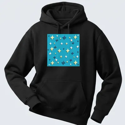 Colorful playful stars on an Ocean Vibes t-shirt in various shades of blue and yellow — printed on a unisex hoodie