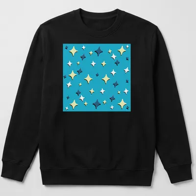 Colorful playful stars on an Ocean Vibes t-shirt in various shades of blue and yellow — printed on a unisex sweatshirt
