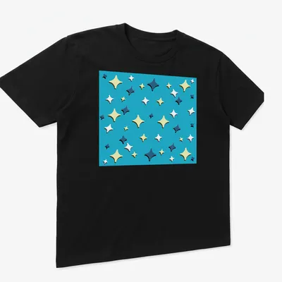 Colorful playful stars on an Ocean Vibes t-shirt in various shades of blue and yellow — printed on a unisex t-shirt (angled view)