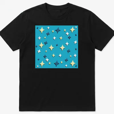 Colorful playful stars on an Ocean Vibes t-shirt in various shades of blue and yellow