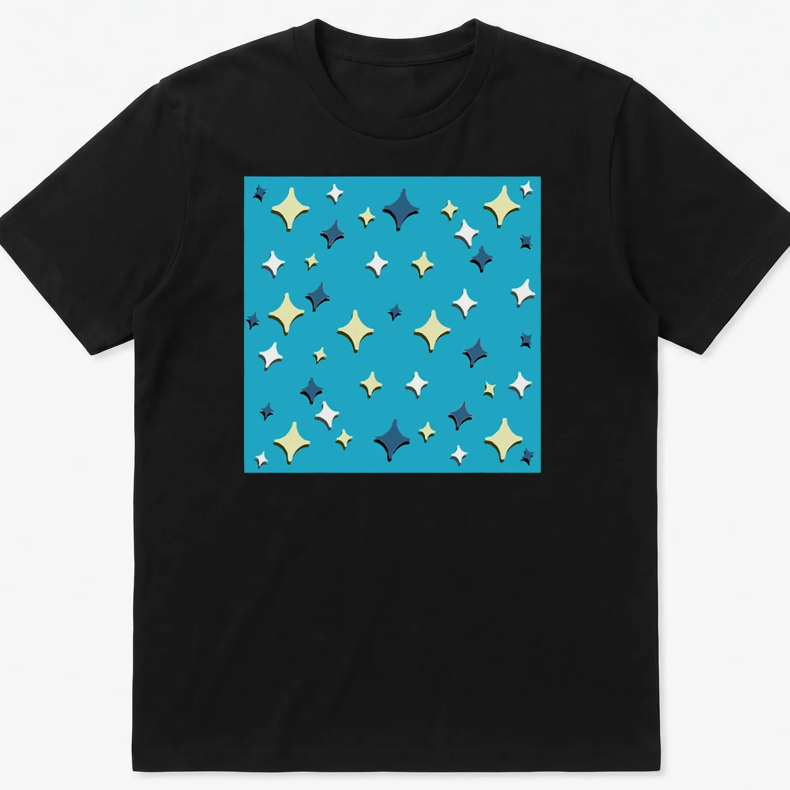 Colorful playful stars on an Ocean Vibes t-shirt in various shades of blue and yellow — printed on a unisex t-shirt