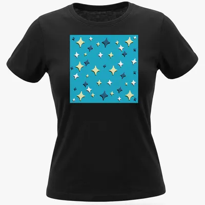 Colorful playful stars on an Ocean Vibes t-shirt in various shades of blue and yellow — printed on a women's shirt
