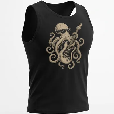Vintage octopus guitarist playing rock music in beige, black, and white — printed on a tank top