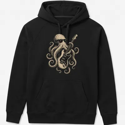Vintage octopus guitarist playing rock music in beige, black, and white — printed on a unisex hoodie