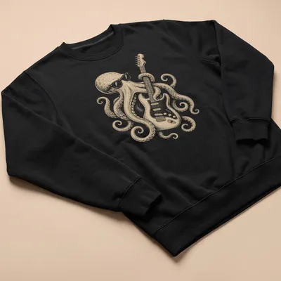 Vintage octopus guitarist playing rock music in beige, black, and white — printed on a unisex sweatshirt