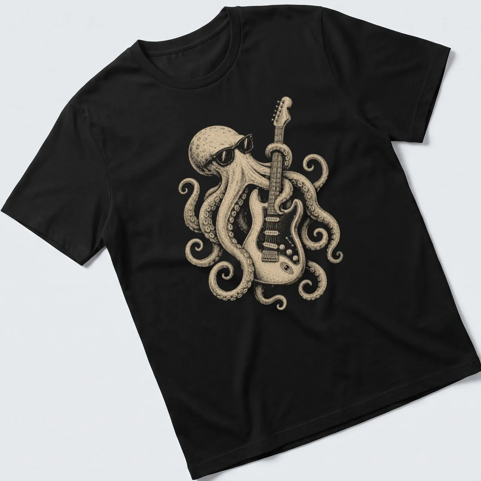 Vintage octopus guitarist playing rock music in beige, black, and white — printed on a unisex t-shirt
