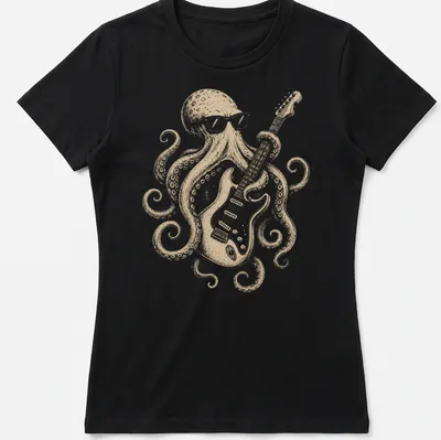 Vintage octopus guitarist playing rock music in beige, black, and white — printed on a women's shirt