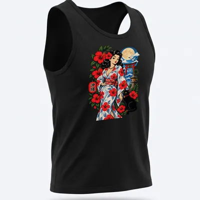 Vibrant print of a tropical pin-up girl with black cat and hibiscus kimono — printed on a tank top