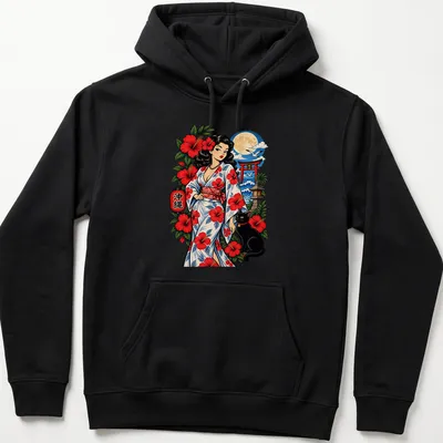 Vibrant print of a tropical pin-up girl with black cat and hibiscus kimono — printed on a unisex hoodie