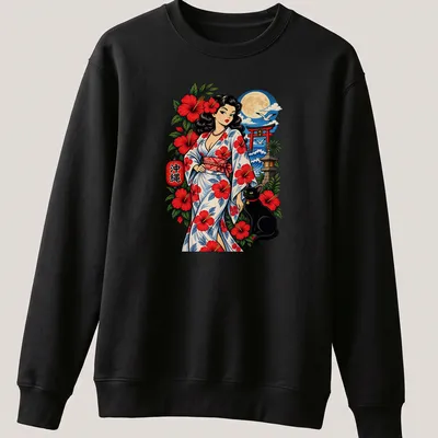 Vibrant print of a tropical pin-up girl with black cat and hibiscus kimono — printed on a unisex sweatshirt