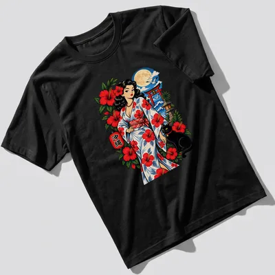 Vibrant print of a tropical pin-up girl with black cat and hibiscus kimono