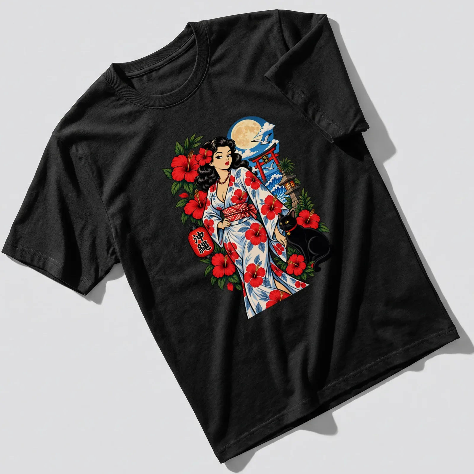 Vibrant print of a tropical pin-up girl with black cat and hibiscus kimono — printed on a unisex t-shirt
