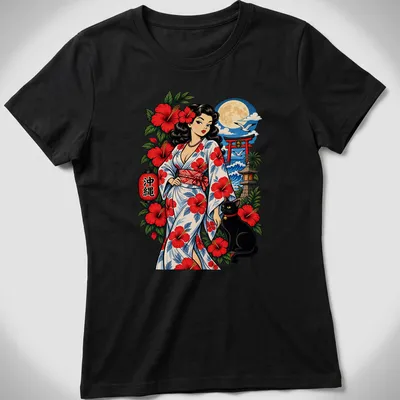 Vibrant print of a tropical pin-up girl with black cat and hibiscus kimono — printed on a women's shirt