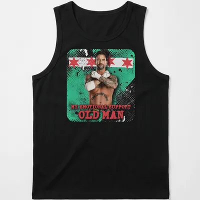 Vintage distressed tee with muscular man graphic and emotional support text — printed on a tank top