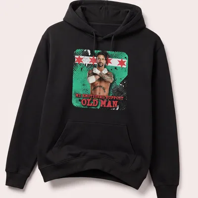 Vintage distressed tee with muscular man graphic and emotional support text — printed on a unisex hoodie