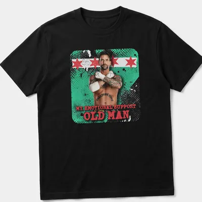 Vintage distressed tee with muscular man graphic and emotional support text