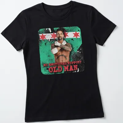 Vintage distressed tee with muscular man graphic and emotional support text — printed on a women's shirt