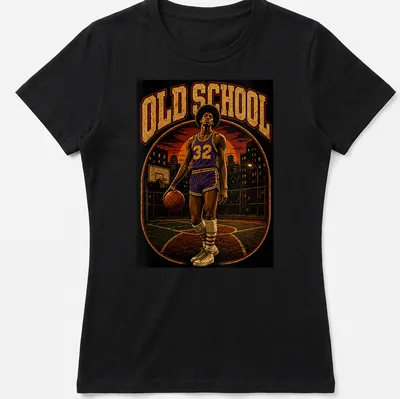 Retro distressed t-shirt featuring a basketball player and bold OLD SCHOOL text — printed on a women's shirt