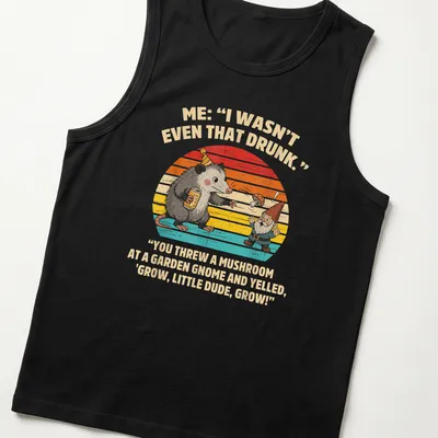 Whimsical illustration of an opossum and a garden gnome with humorous text. — printed on a tank top