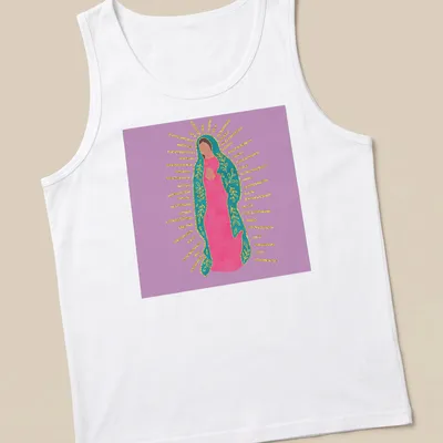 Colorful illustration of Our Lady Of Guadalupe in pink, teal, and gold — printed on a tank top