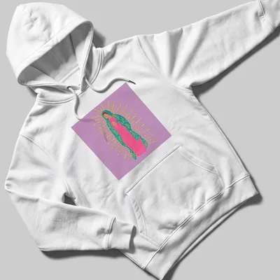 Colorful illustration of Our Lady Of Guadalupe in pink, teal, and gold — printed on a unisex hoodie