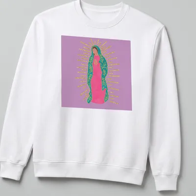 Colorful illustration of Our Lady Of Guadalupe in pink, teal, and gold — printed on a unisex sweatshirt