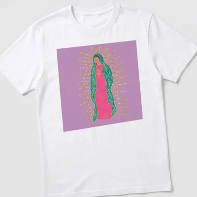 Colorful illustration of Our Lady Of Guadalupe in pink, teal, and gold